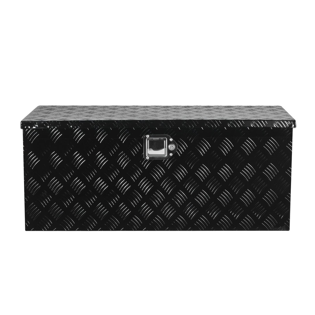 Heavy Duty Aluminum Truck Bed Tool Box, Stripes Plated Tool Box with Sliding Shelf, Side Handle, Lock & Keys, Storage Toolbox Chest for Trailer, Pickup, Truck Bed, RV, 35.4"x14.6"x14.6", Black