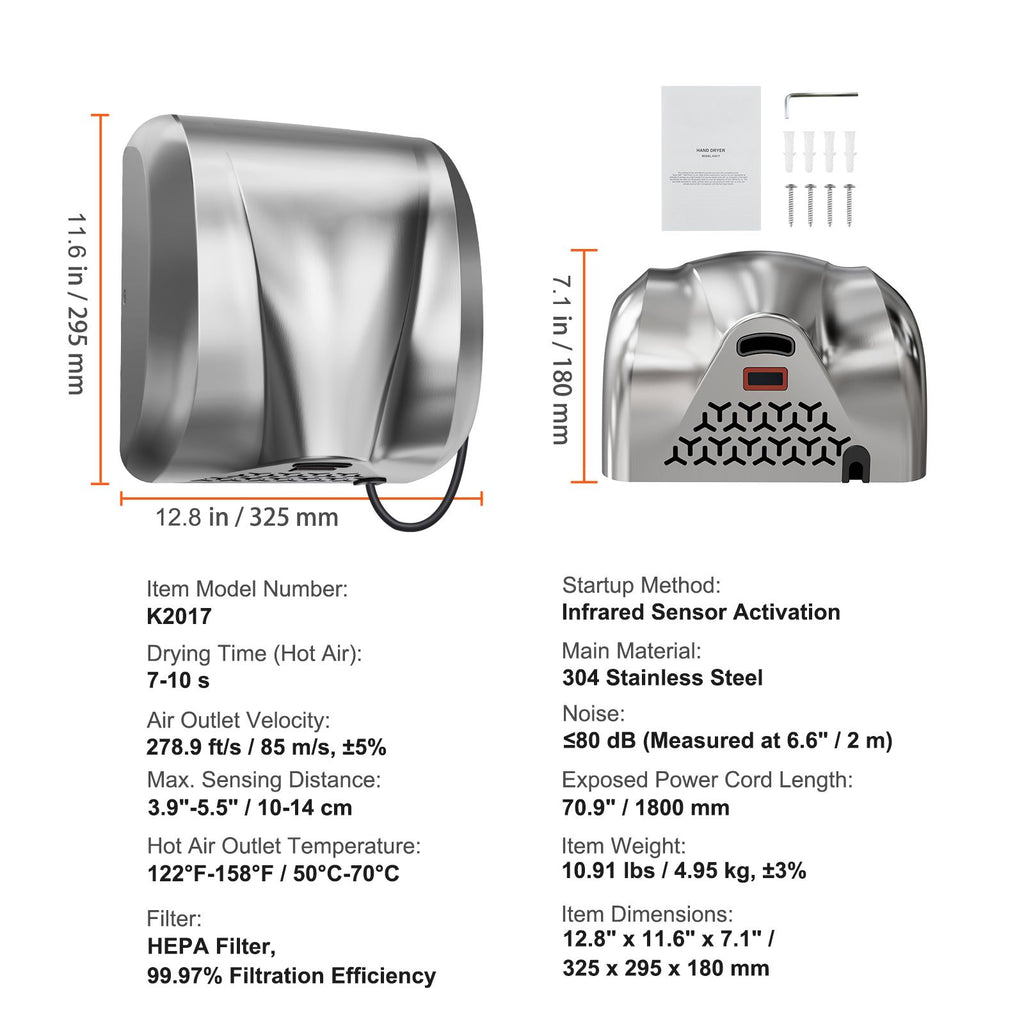 Heavy Duty Commercial Hand Dryer, 1300W Automatic High Speed Stainless Steel Warm Wind Hand Blower, 120V Plug In/Hardwired Two Power Options, Compliant for Industry Business Restrooms