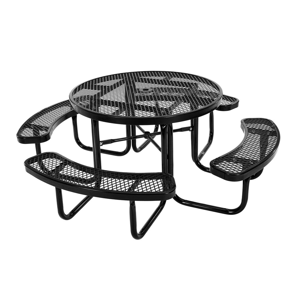 Heavy-Duty Picnic Table, Outdoor Furniture Weather Resistant Patio Dining Set, Coated Steel Tables with Umbrella Hole, 46" Round Table and Bench Set, for Garden, Backyard, Porch (Black)