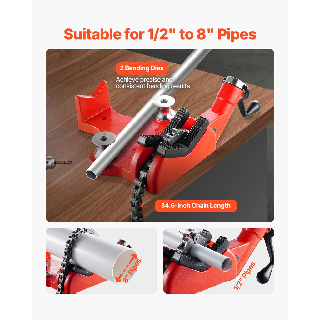 Heavy-Duty Pipe Chain Vise, 1/2" - 8" Pipe Capacity, 34.6" Rugged Chain & Cast Iron Base, Industrial-Grade Pipe Clamping for Plumbing, Automotive Repairs, Metalworking image 2