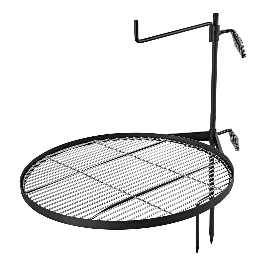 Heavy Duty Swivel Campfire Grill, 24.4" Round Portable Camping Grill Grate, Sturdy Steel BBQ Mesh, 360° Height Adjustable Over Fire Pit with Support Rod, for Outdoor Open Flame Cooking, Black