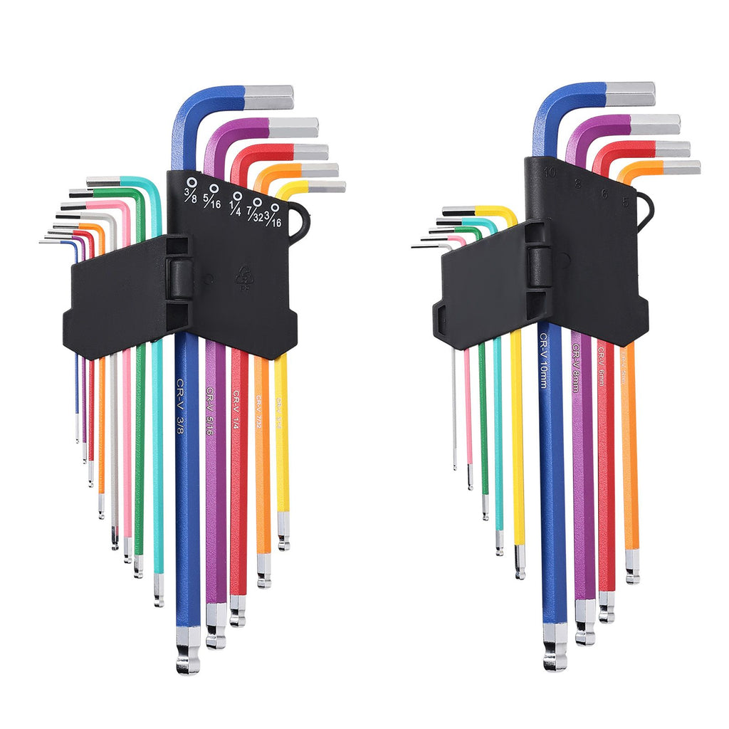 Hex Key Allen Wrench Set, 22 pcs SAE (0.050-3/8 in) and Metric (1.5-10 mm), Color Coding Allen Wrenches Sets with Ball End, Long Arm L-Shaped Hex Key for Bicycle, Household, Automobile Repair