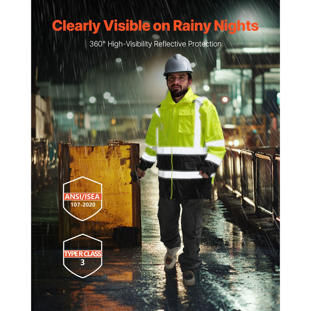 High Visibility Reflective Safety Jacket, Waterproof Safety Hoodie, Work Construction Coat with Pockets for Men & Women, Rain Gear Meet ANSI & Class 3, Hi Vis Yellow Coat with Black Bottom, L image 2
