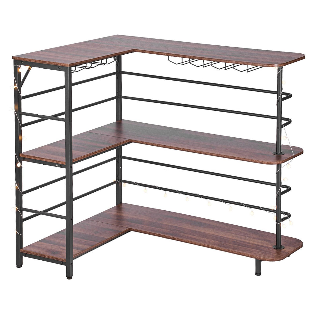 Home Bar Unit, L-Shaped Wine Bar Cabinet Table 3-Tier with Storage Shelves, Adjustable Foot Pads, LED Light, Walnut Finish & Metal Frame Liquor Cabinet for Home, Kitchen,Living Room,Pub,Basement