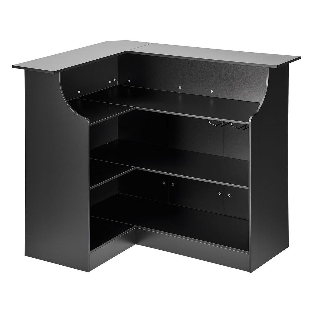 Home Bar Unit, L-Shaped Wine Bar Cabinet Table 4-Tier with Storage Shelves, Wine Glass Holder, 300 lbs Max Capacity, Wood Liquor Cabinet for Home, Kitchen, Living Room, Pub, Basement, Black