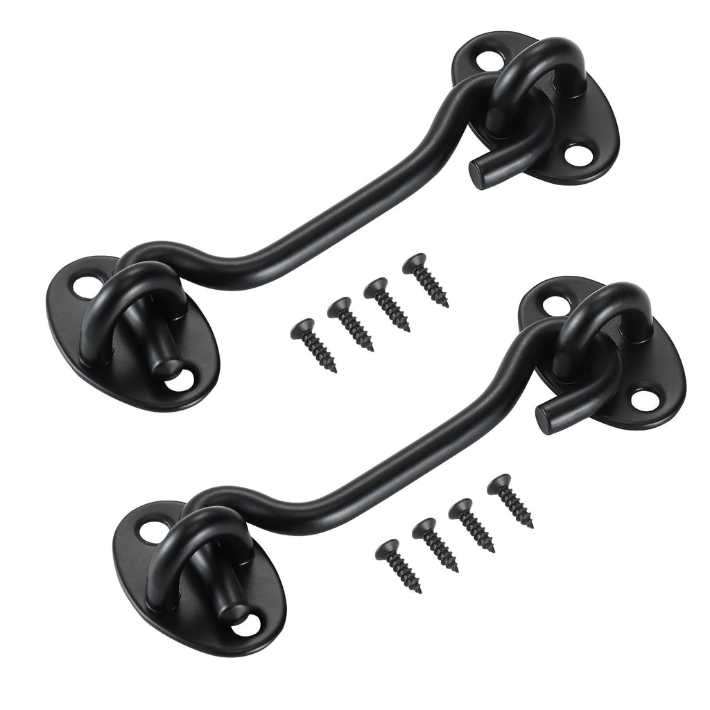 Hook and Eye Gate Latch, 2 Pack Barn Door Latch Hook with Mounting Screws, Stainless Steel Hook and Eye Latch, Hook Lock for Sliding Barn Door, Cabinet, Window, Gate, Fence, Bathroom, Black