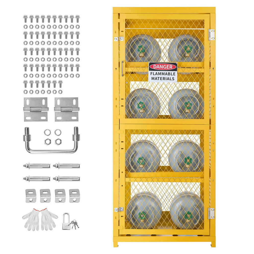 Horizontal Cylinder Storage Cabinet, 30"L x 30"W x 70.3"H, 8 Cylinder Capacity, 4-Tier Propane Storage Cage, with Lock and Keys, Yellow Powder-Coated Carbon Steel, for Propane, Oxygen, Nitrogen