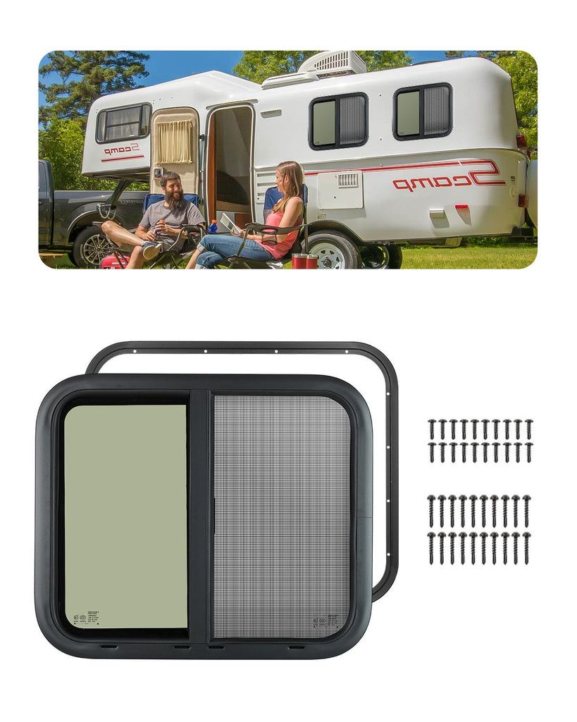 Horizontal RV Window, 24" W x 20" H Tinted Sliding RV Window with Net Screen & Trim Ring, Fit 15/16"-1 3/4" Thickness Wall, RV Window Replacement for Teardrop Cargo Trailer Camper, DOT Approved