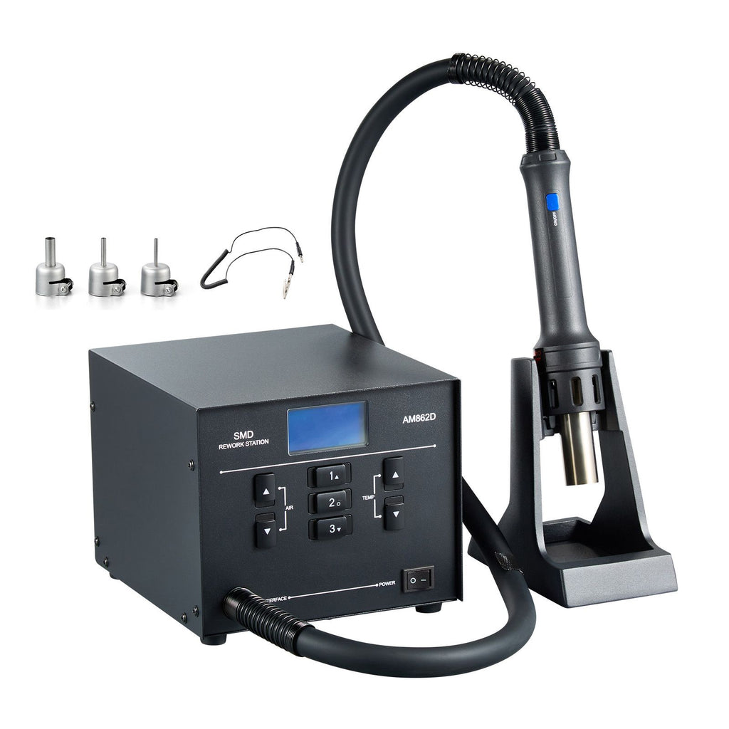 Hot Air Rework Station, 1000W Digital SMD Rework Station, 212 -896 Fahrenheit Hot Air Gun with 99-Level Adjustable Airflow, 3 Pre-Set Channels & 3 Hot Air Nozzles for Chip Dismantling