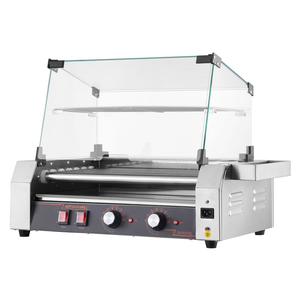 Hot Dog Roller, 18 Hot Dog 7 Rollers, Stainless Steel Sausage Grill Cooker, 1050W Commercial Hot Dog Machine with Dual Temp Control, Cover, Side Storage Box, Removable Shelf & Oil Drip Tray