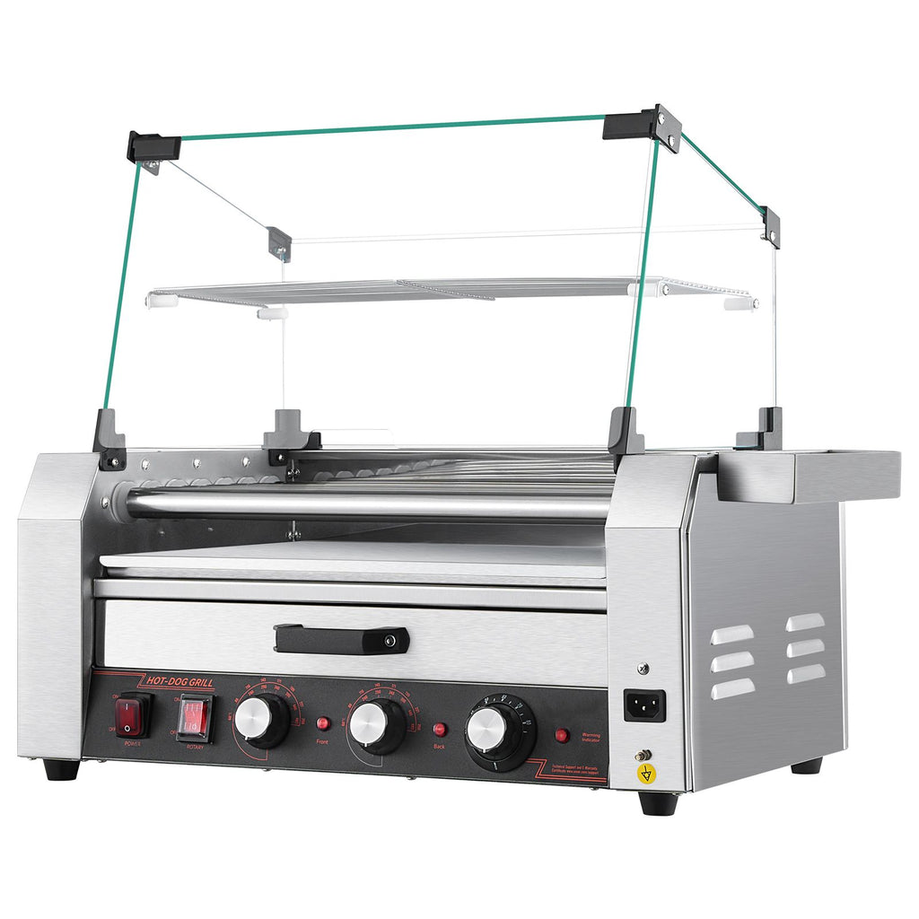 Hot Dog Roller, 18 Hot Dog 7 Rollers, Stainless Steel Sausage Grill Cooker, 1200W Hot Dog Machine with Bun Warmer, Cover, 3 Temp Control, Side Storage Box, Oil Drip Tray, for Home & Commercial