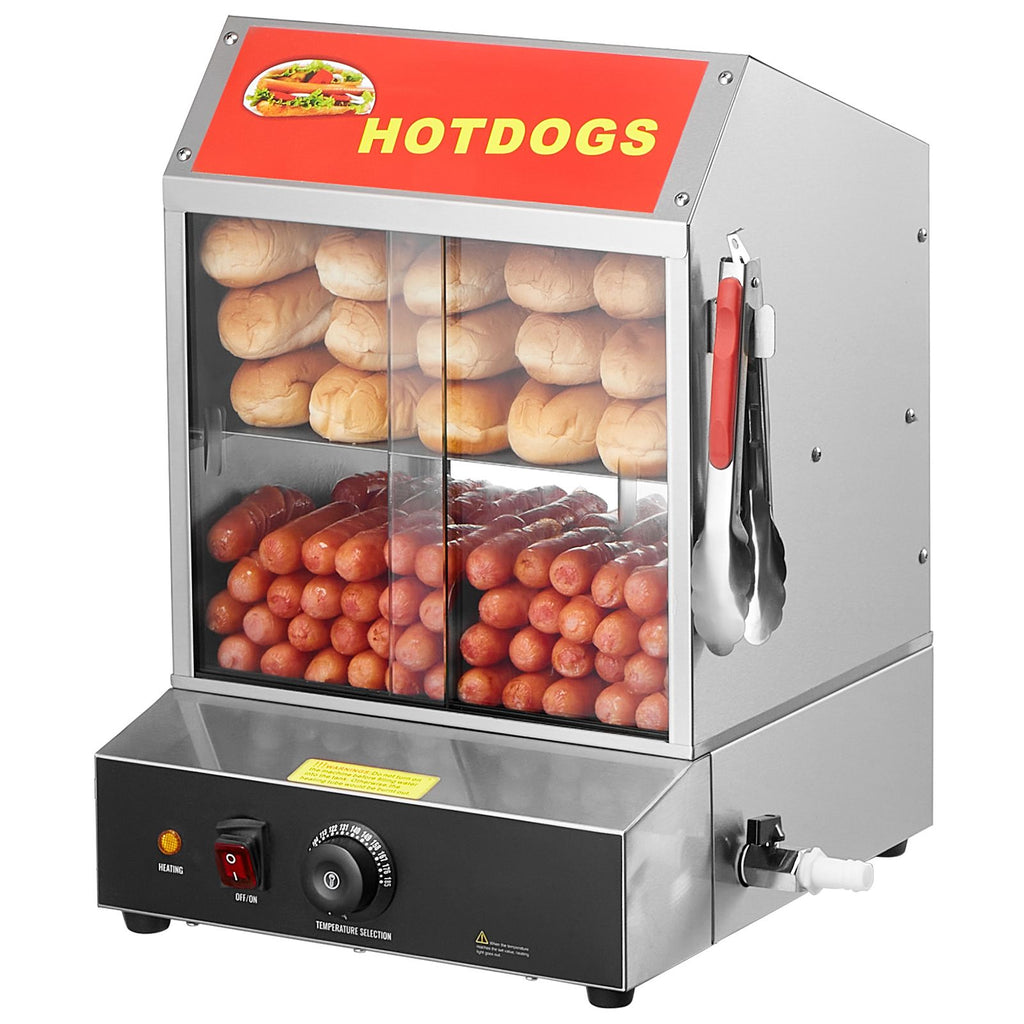 Hot Dog Steamer, 28.5QT, 2-Tier Hot Dog Hut Steamer, 86-185 F Temp Control, Electric Bun Warmer with Tempered Glass Slide Doors Partition Plate Tong, Stainless Steel, for Hot Dogs & Buns