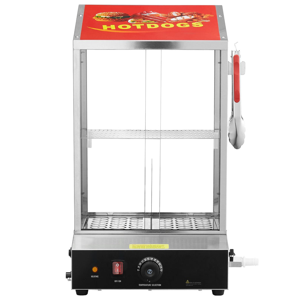 Hot Dog Steamer, 39QT, 2-Tier Hot Dog Hut Steamer, 86-185 Fahrenheit Temp Control, Electric Bun Warmer with Tempered Glass Slide Doors Partition Plate Tong, Stainless Steel, for Hot Dogs & Buns