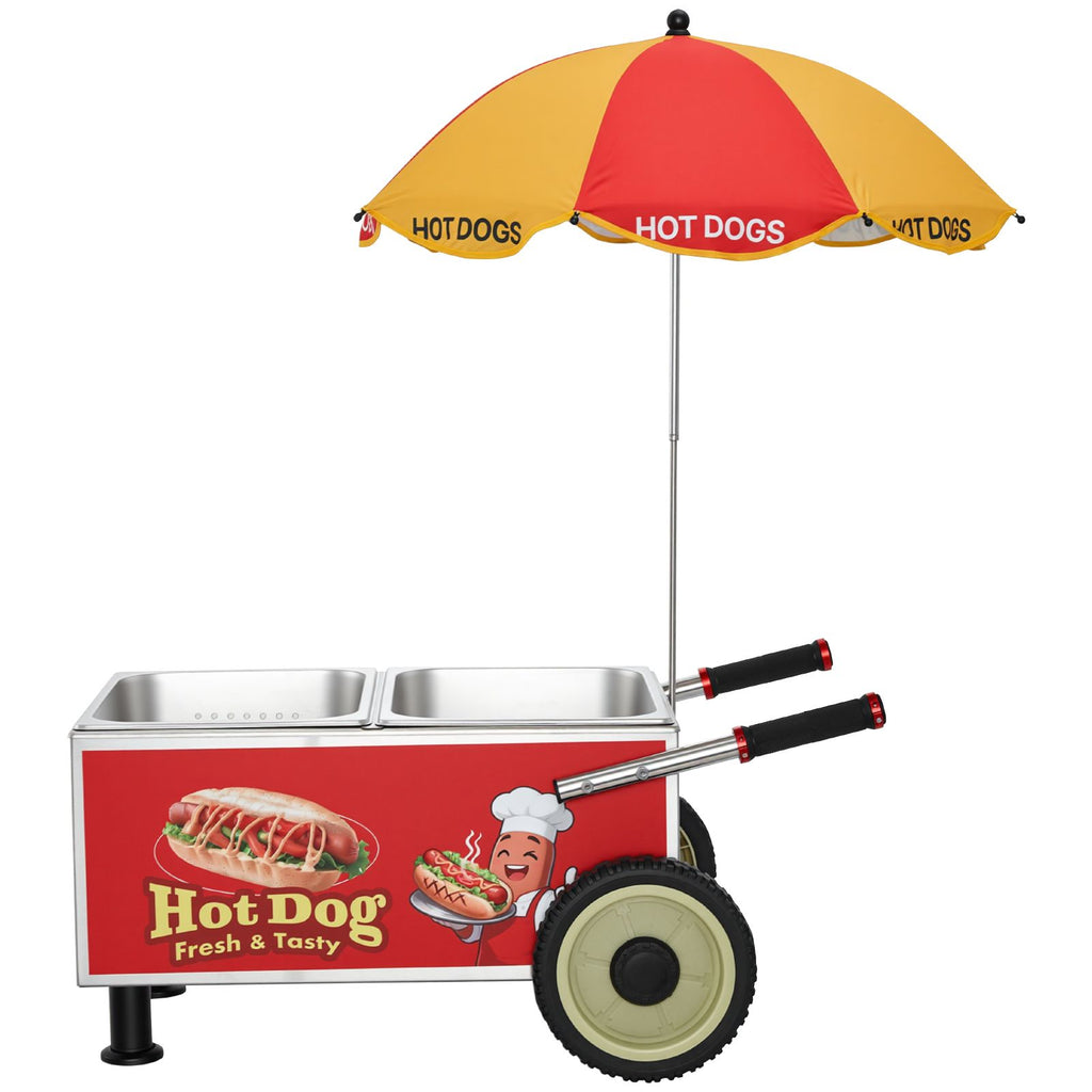 Hot Dog Steamer Cart, 1200W Electric Stainless Steel Hot Dog Steam Machine, 86-203°F Temp Adjustable, Portable Cart with Eye-Catching Umbrella & Wheels, for Bakeries, Food Stands, Parties