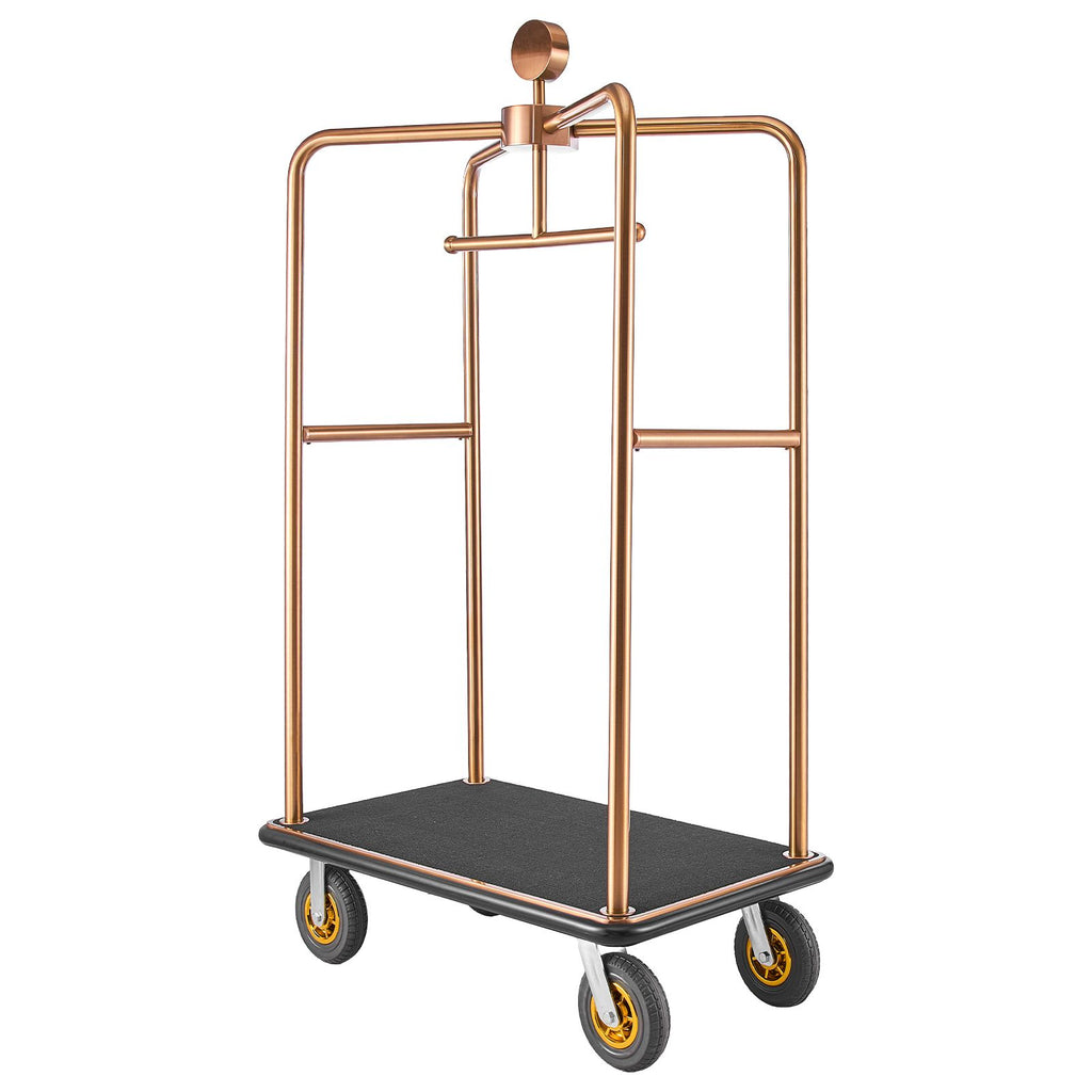 Hotel Luggage Cart, 1200 lbs Heavy Duty Bellman Cart with Stainless Steel Frame, 8 in Rubber Wheels, Black Carpeted Deck, Commercial Luggage Carrier Rolling Trolley for Hotels,Resorts, Rose Gold