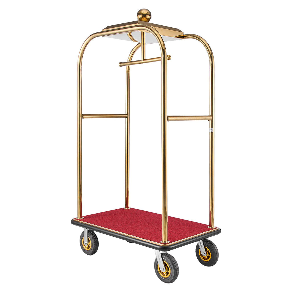 Hotel Luggage Cart, 1200 lbs Heavy Duty Bellman Cart with Stainless Steel Frame, 8 in Rubber Wheels, Red Carpeted Deck, Commercial Luggage Carrier Rolling Trolley for Hotels, Resorts, Gold