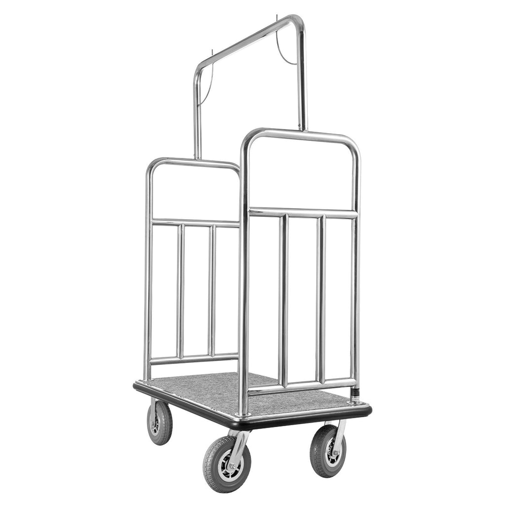 Hotel Luggage Cart, 1200 LBS Load Capacity, Brushed Stainless Steel Finish Bellman's Cart, Valet Cart with Grey Carpeted Deck and 8-inch Rubber Wheels, Ideal for Hotels, Condos, Resorts, Silver