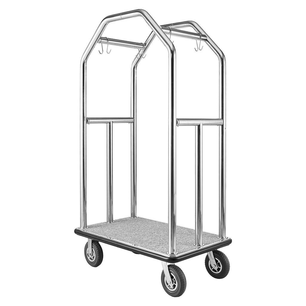 Hotel Luggage Cart, 1500 lbs Heavy Duty Bellman Cart with Stainless Steel Frame, 8 in Rubber Wheels, Gray Carpeted Deck, Commercial Luggage Carrier Rolling Trolley for Hotels,Resorts,Silver