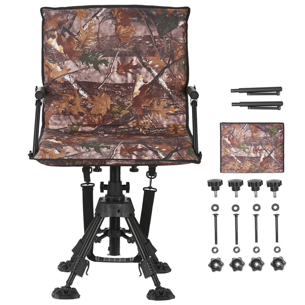 Hunting Chair, 360° Silent Swivel, Foldable Portable Blind Chair, Heavy-Duty Steel Frame Ground Stool Seat, with Armrests, Cover, Anti-Sink Feet, Height Adjustable, 350 Lbs Capacity for Camping