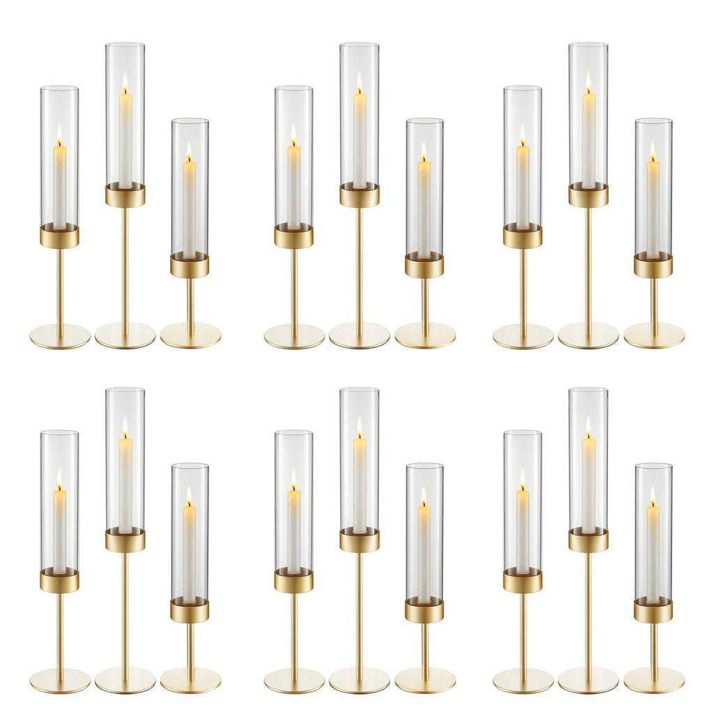 Hurricane Candle Holders Set of 18, Gold Metal Stand with Clear Glass Cylinders, Elegant Tiered Centerpieces Wind Protection for Wedding, Table Centerpieces, Party, Home Decor, Modern Style