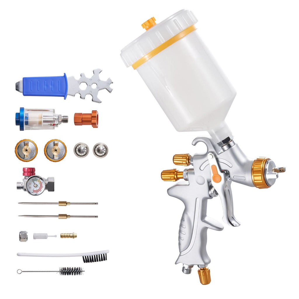HVLP Air Spray Gun, Gravity Feed Paint Sprayer Gun with 3 Nozzles (1.3/1.4/1.7mm), 600ml Capacity Auto Paint Sprayer with Air Regulator for Automotive Primers, Clear Coats & Topcoats
