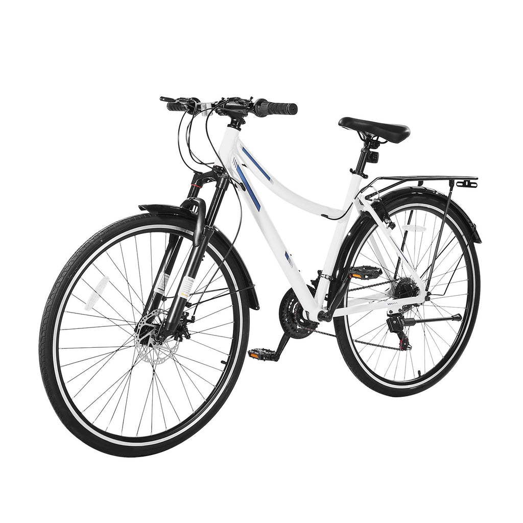 Hybrid Bike, Lightweight Aluminum Frame Bike, 700c Wheel Men and Women Hybrid Bicycle, Step-Through Adult Urban City Commuter Bikes, 21-Speed Shimano Drivetrain, Dual Brakes, Front Suspension