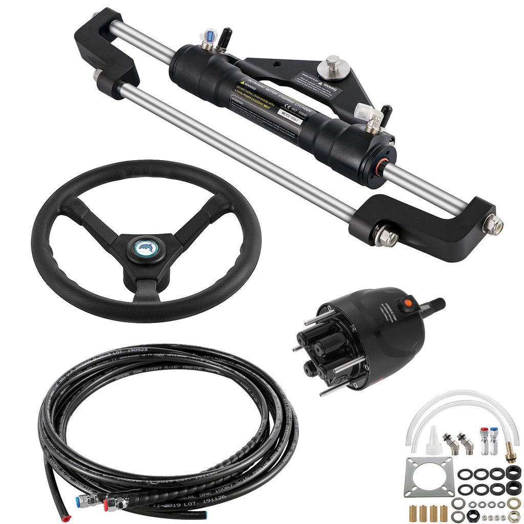 Hydraulic Boat Steering Kit, 300HP Hydraulic Steering Kit Helm Pump, Cylinder, Wheel, 18 Feet Hose Hydraulic Steering Seal Kit, Corrosion-Resistant Boat Steering System Marine Steering Kit