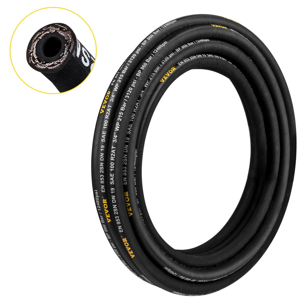 Hydraulic Hose 3/8 inch x 50 ft, Coiled Hydraulic Hose 4800 PSI, Rubber Hydraulic Hose with 2 High-Tensile Steel Wire Braid, Bulk Hydraulic Hose -20 to 140Celsius, Hydraulic Oil Flexible Hose