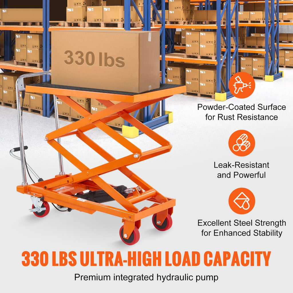 Hydraulic Lift Table Cart, 330lbs Capacity 50" Lifting Height, Manual Double Scissor Lift Table with 4 Wheels and Non-slip Pad, Hydraulic Scissor Cart for Material Handling and Transportation