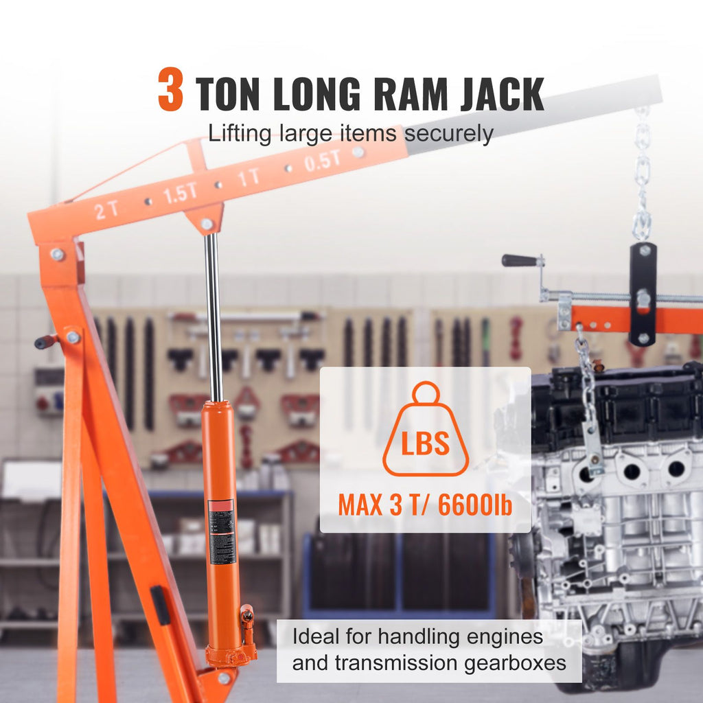Hydraulic Long Ram Jack, 3 Ton Engine Hoist Cylinder with Single Piston Pump And Clevis Base, Hydraulic Ram Cylinder for Engine Lift Hoists, Hydraulic Garage/Shop Cranes, Mechanical, Farm