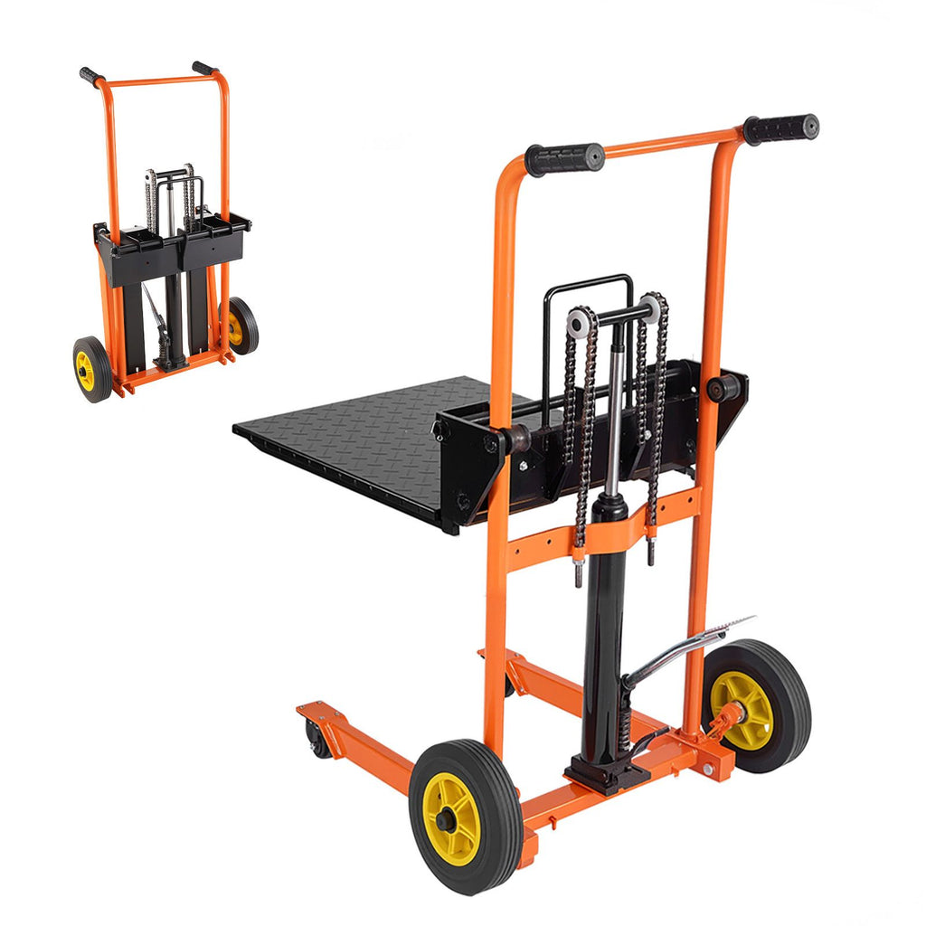 Hydraulic Material Lift Winch Stacker, 450 lbs Load Capacity, Pallet Truck Dolly with Fork Lift Table, 35.4 Inches Max Lifting Height, Foldable & Portable Pallet Jack Table Cart, Orange & Black