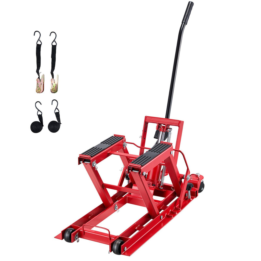 Hydraulic Motorcycle Lift Jack, 1500 lbs Capacity, ATV Lift Jack Portable Motorcycle Hoist Stand with 4 Wheels, 4.5"-15.2" Height Range, Hydraulic Foot-Operated Hoist Stand for ATVs, Dirt Bikes
