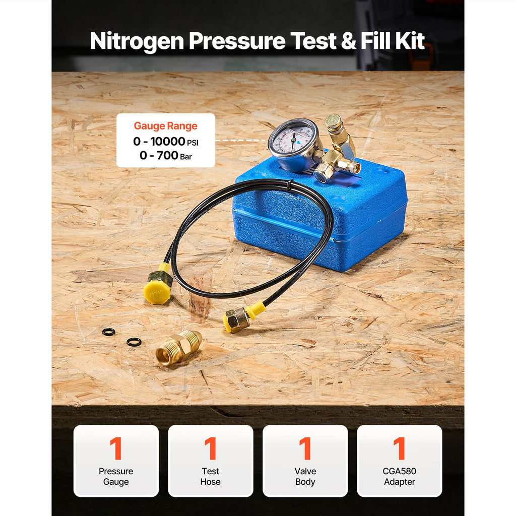 Hydraulic Nitrogen Accumulator Charging Kit, 0-1420 PSI Nitrogen Fill Kit, Pressure Test System with 1 Pressure Gauge, 1 Gas Hose, 1 Valve Body and 1 CGA580 Adapter for Construction Machinery