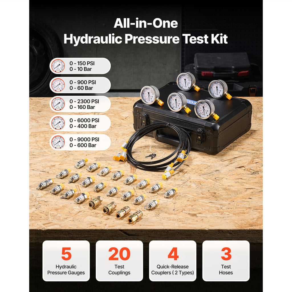 Hydraulic Pressure Test Kit, 150/900/2300/6000/9000 PSI (10/60/160/400/600 Bar), Hydraulic Gauge Kit 5 Gauges 20 Couplings 4 Quick-Release Couplers 3 Hoses for Excavator Construction Machinery image 2