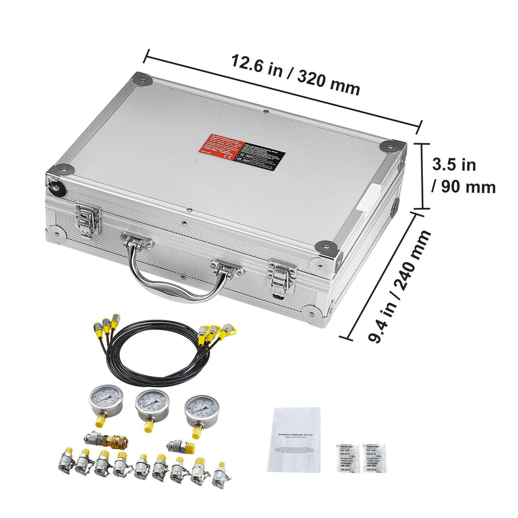 Hydraulic Pressure Test Kit, 250/400/600bar, 3 Gauges 11 Test Couplings 3 Test Hoses, Excavator Hydraulic Test Gauge Set with Portable Carrying Case for Excavator Tractors Construction Machinery
