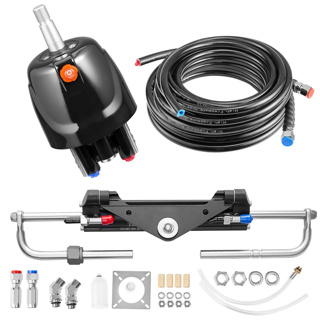 Hydraulic Steering Kit, 150 HP, Marine Boat Hydraulic Steering System, with 6.9 MPa/1000 psi Helm Pump, Two-Way Lock Cylinder, and 20ft High-Strength Hoses, for Single Station, Single-Engine Use