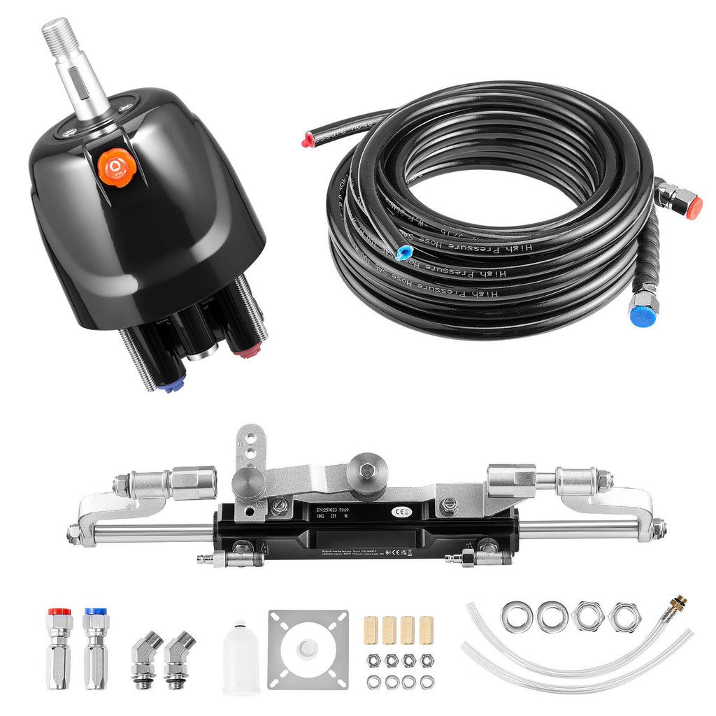 Hydraulic Steering Kit, 300 HP, Marine Boat Hydraulic Steering System, with 6.9 MPa/1000 psi Helm Pump, Two-Way Lock Cylinder, and 26ft High-Strength Hoses, for Single Station, Single-Engine Use