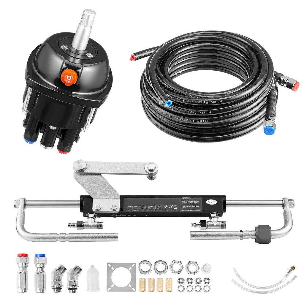 Hydraulic Steering Kit, 90 HP, Marine Boat Hydraulic Steering System, with 6.9 MPa/1000 psi Helm Pump, Two-Way Lock Cylinder, and 20 ft High-Strength Hoses, for Single Station, Single-Engine Use