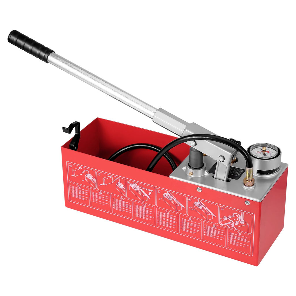 Hydrostatic Test Pump, Max 25 bar/362 PSI, Dual Valve Hydraulic Manual Water Pressure Tester Kit with Gauge 2.8 Gal Water Tank, 4.6 ft Hose with 1/2 inch External Thread Connector for Pipeline