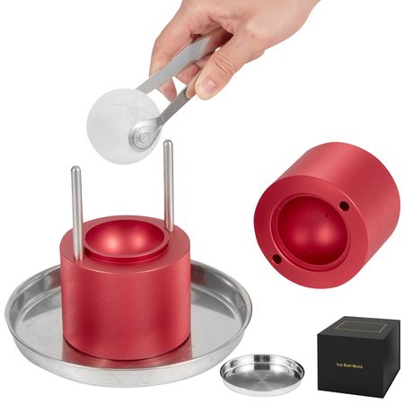 Ice Ball Press, 2.4" Ice Ball Maker, Aircraft Al Alloy Ice Ball Press Kit for 60mm Ice Sphere, Ice Press with Tong and Drip Tray, for Whiskey, Cocktail, Bourbon, Scot on Party & Holiday, Red