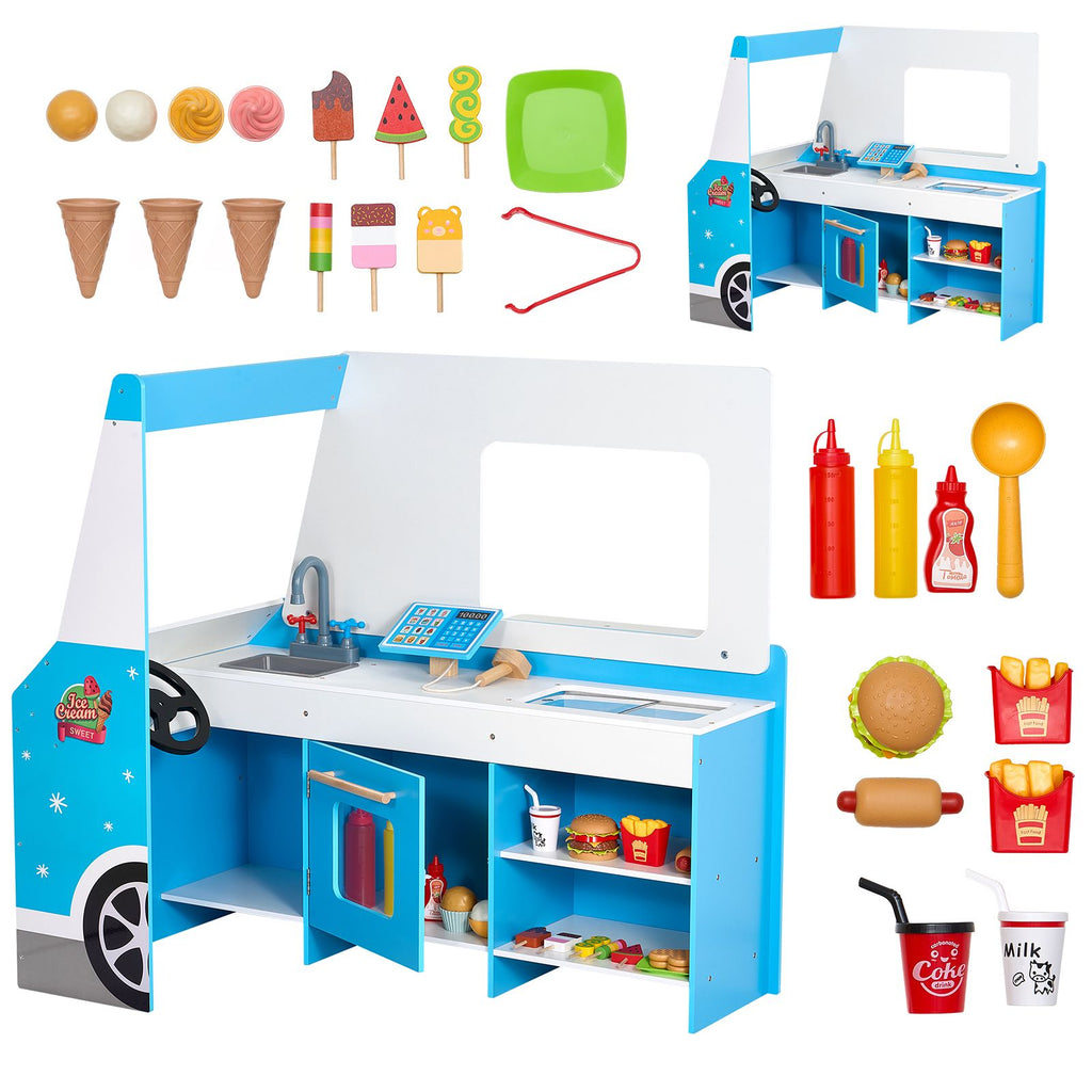 Ice Cream Cart for Kids, 20+ PCS Ice Cream Truck Wooden Playset, Pretend Play Stand with Steering Wheel & Chalkboard, Payment Scanner & Freezer, Faucet & Sink, Suitable for Kids 3-7 Years Old