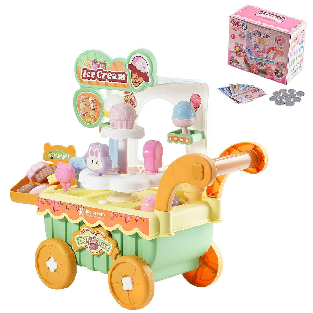 Ice Cream Cart for Kids, 27 PCS Accessories, Pretend Play Store with Storage Trolley with Pretend Money, Sound & Light Effects, Montessori Educational Ice Cream Truck Toys for Toddlers 3+
