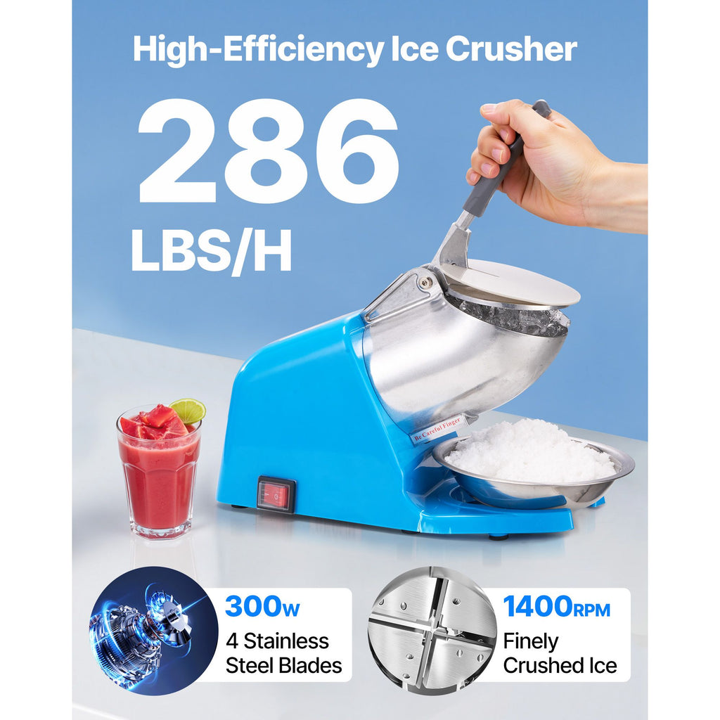 Ice Crusher Machine, 286lbs Per Hour Electric 4 Blades Snow Cone Maker, Stainless Steel Shaved Ice Machine with Bowl and Cover, 300W 2000RPM Ice-Shaver for Home and Commercial Use, Blue image 2