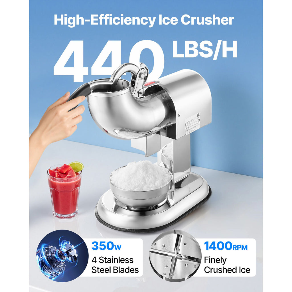 Ice Crusher Machine, 440lbs Per Hour Electric 4 Blades Snow Cone Maker, All Stainless Steel Shaved Ice Machine with Bowl and Cover, 350W 1400RPM Ice-Shaver for Home and Commercial Use, Silver