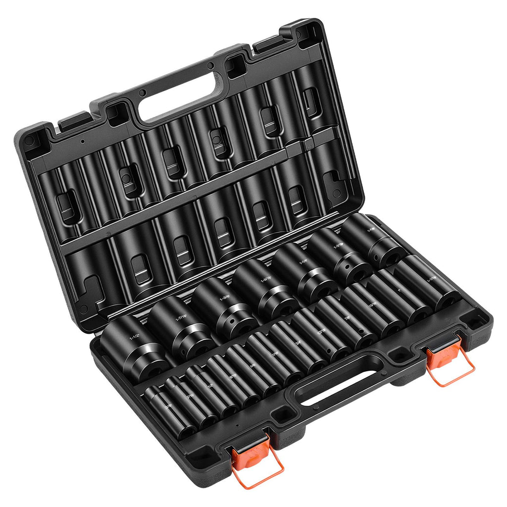Impact Socket Set, 1/2" 19 Piece Impact Sockets, Deep Socket, 6-Point Sockets, 1/2" Drive Set 3/8" to 1-1/2", Cr-V Rugged Construction, Easy to Identify, with a Sturdy Storage Case, for Vehicles