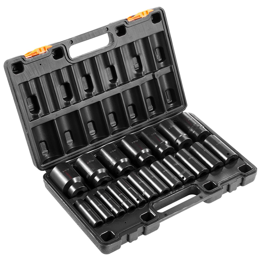 Impact Socket Set, 1/2" 19 Piece Impact Sockets, Deep Socket, 6-Point Sockets, 1/2 Inches Drive Socket Set Impact 3/8 inch - 1-1/2 inch, Cr-V Rugged Construction, with a Storage Cage