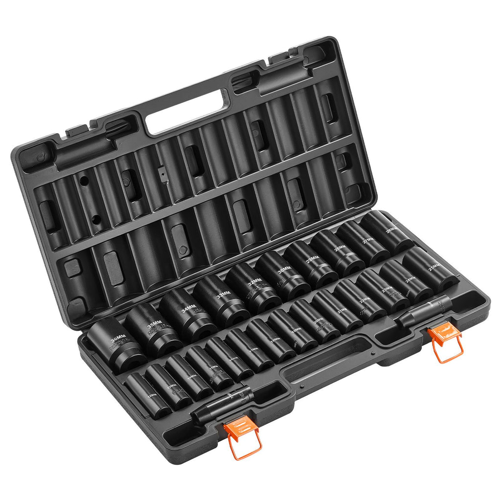 Impact Socket Set, 1/2" Drive, 26-Piece Impact Sockets, 6-Point Sockets, Metric 10-30 mm, 32-36 mm, Easy to Identify, with a Sturdy Storage Case, Cr-V Alloy Steel Structure, for Vehicles Repair
