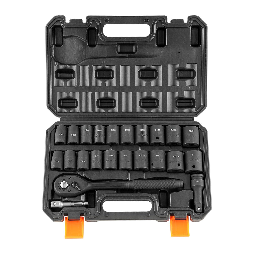Impact Socket Set with 1/2" Drive, Comprising 23 Pieces in SAE (7/16" -1") & Metric Measurements, 6 Point Cr-V Alloy Steel, Includes Ratchet Handle and Durable Storage Case
