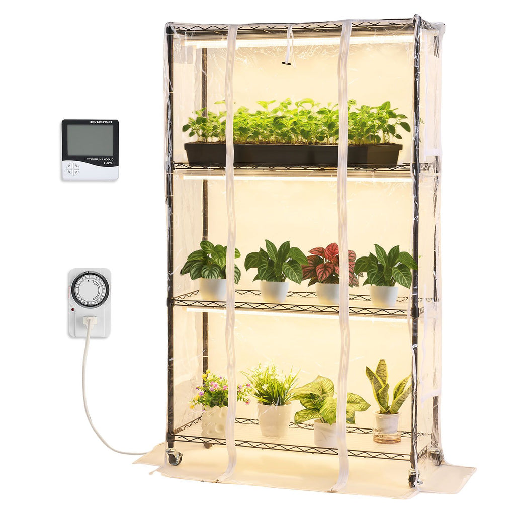 Indoor Greenhouse with Grow Light, 59 in Tall 4-Tier Plant Stand with Clear Cover, Timer & Hygrometer, 180W Full Spectrum Grow Lights, Metal Lighted Plants Shelf Holder for Indoor Plants