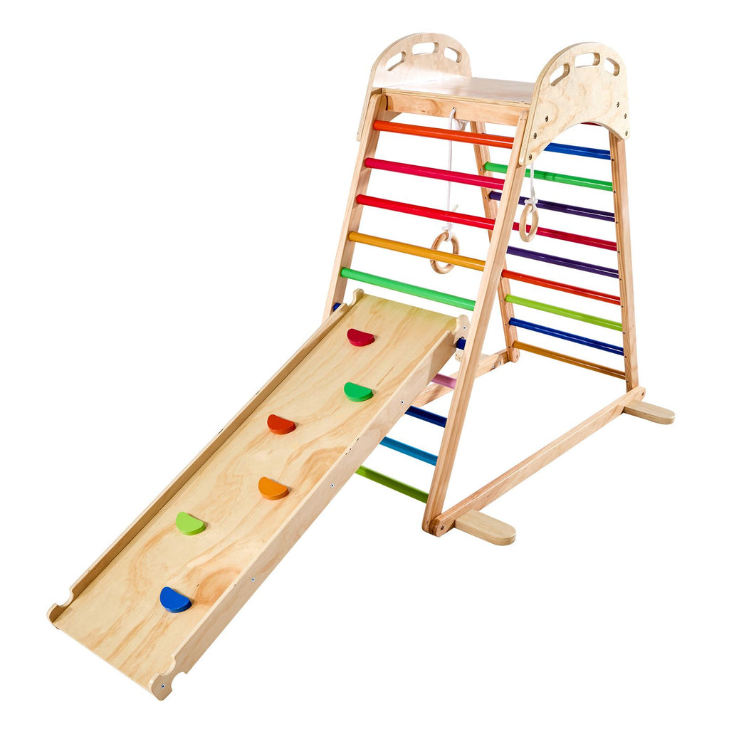 Indoor Playground Jungle Gym, 4-in-1 Wooden Indoor Playground Playset with Climbing Rock, Slide, Wooden Ladder & Gym Rings, Montessori Style Playground Climbing Toys for Boys Girls, 220LBS